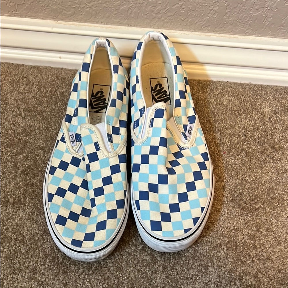 Blue checkered slip-on Vans